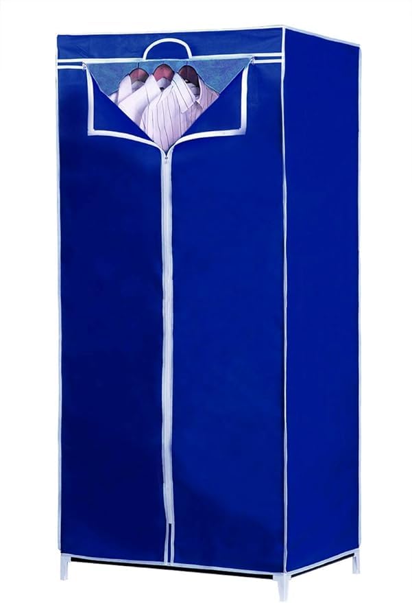 Armadio Guardaroba con Struttura in Metallo, Mobile Salvaspazio con Rivestimento in Tessuto TNT, Zip di Chiusura e Asta Appendiabiti da Campeggio, Dimensione 70 x 50 x 160 cm (Blue)