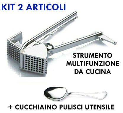 garlic press, meat tenderizer, fish scraper, bottle opener, olive stoner, nutcracker, jar opener, meat grinder, vegetable mincer with spoon, 14 functions, Italian products, CREATIONS i Colori nel Cuore