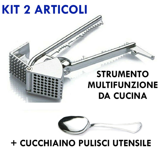 garlic press, meat tenderizer, fish scraper, bottle opener, olive stoner, nutcracker, jar opener, meat grinder, vegetable mincer with spoon, 14 functions, Italian products, CREATIONS i Colori nel Cuore