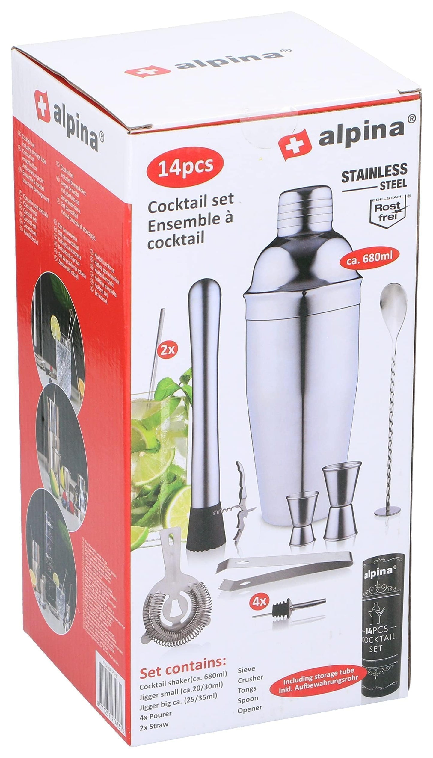 Set da cocktail completo – 14 pezzi – shaker/stamper/jigger/ecc, in acciaio inox