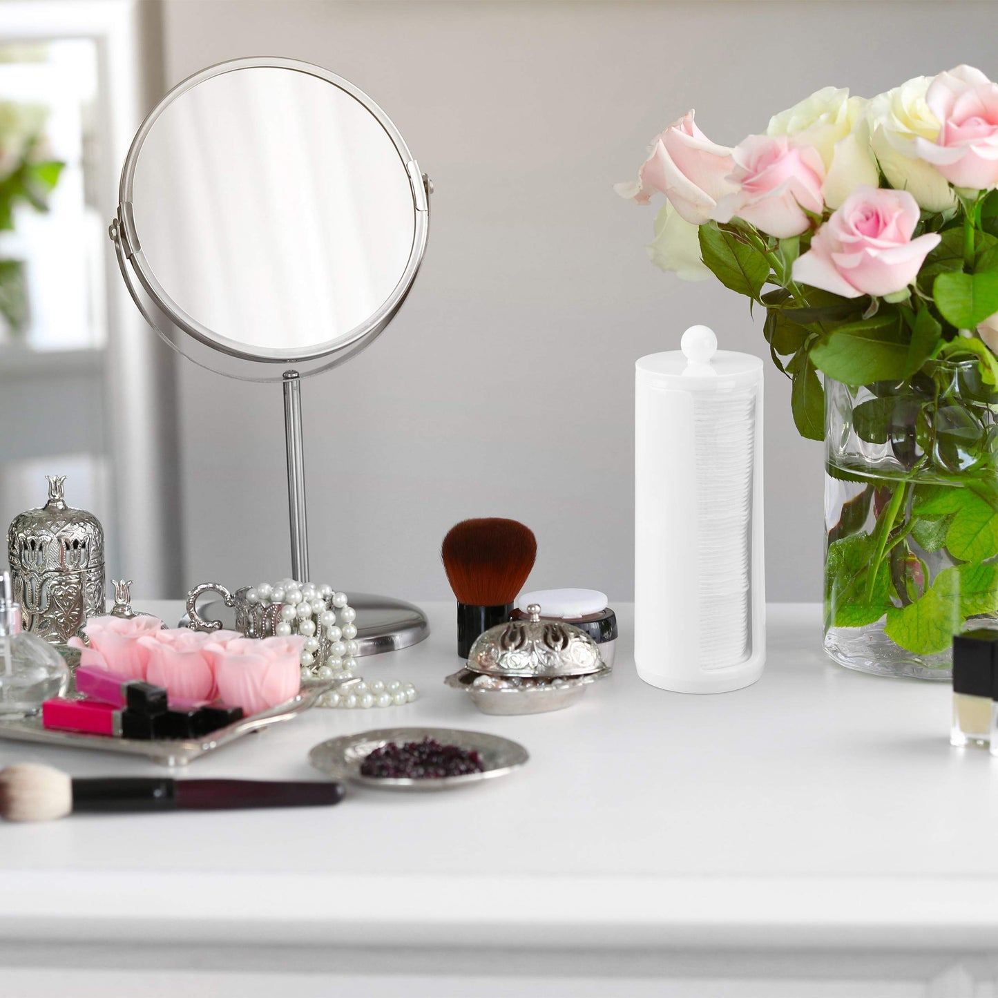 Set da 2 Dispenser per Dischetti di Cotone, Acrilico, Cilindrico, con Coperchio, Bagno, 20x7cm, Vari Colori