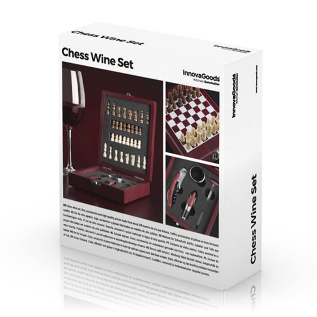 InnovaGoods IG115540 - Wine and Chess Game Accessory Kit, Corkscrew, Anti-Drip Ring, Aerator Cap, Thermometer, Brown