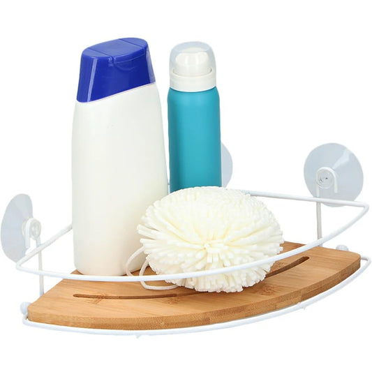 Mensola Angolare Bagno Bambù e Ferro 20x20cm - Montaggio Ventose Senza Fori