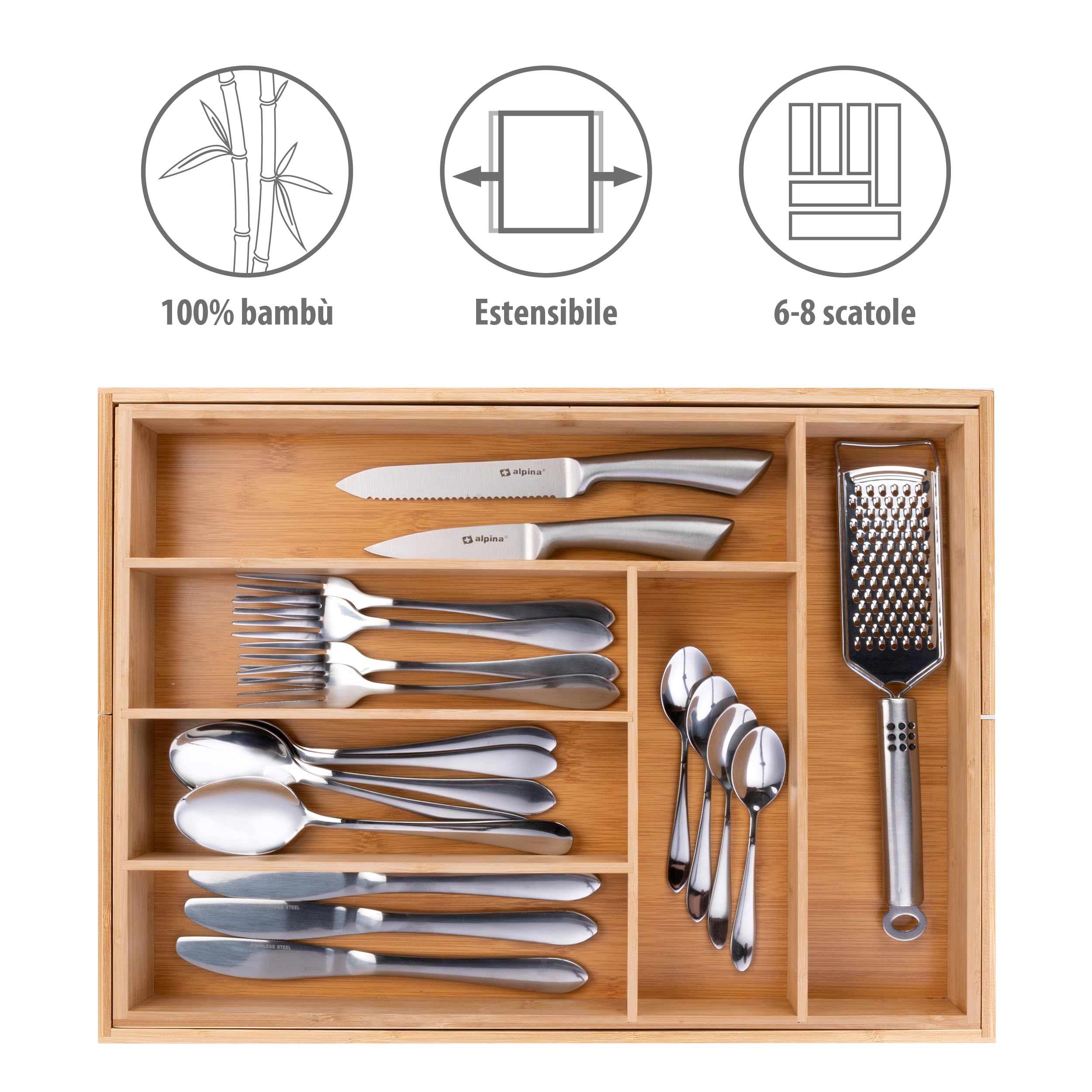 alpina Drawer Cutlery Tray - Expandable Kitchen Drawer Organizer 46 x 34-56.5 x 6 cm - Drawer Organizer with 6 to 8 Compartments - For Kitchen Utensils, Sunglasses and More - Bamboo