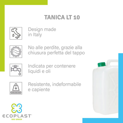 Tanica Ecoplast 10L - Contenitore Multiuso Resistente con Tappo Made in Italy