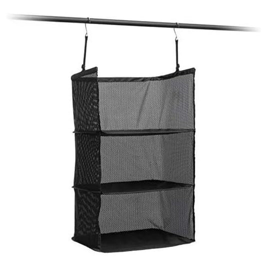 Scaffale pieghevole organizer per valigie, organizza i tuoi bagagli in modo comodo ed efficiente, con 3 scaffali, colore nero, materiale in poliestere, ideale per i viaggi.
