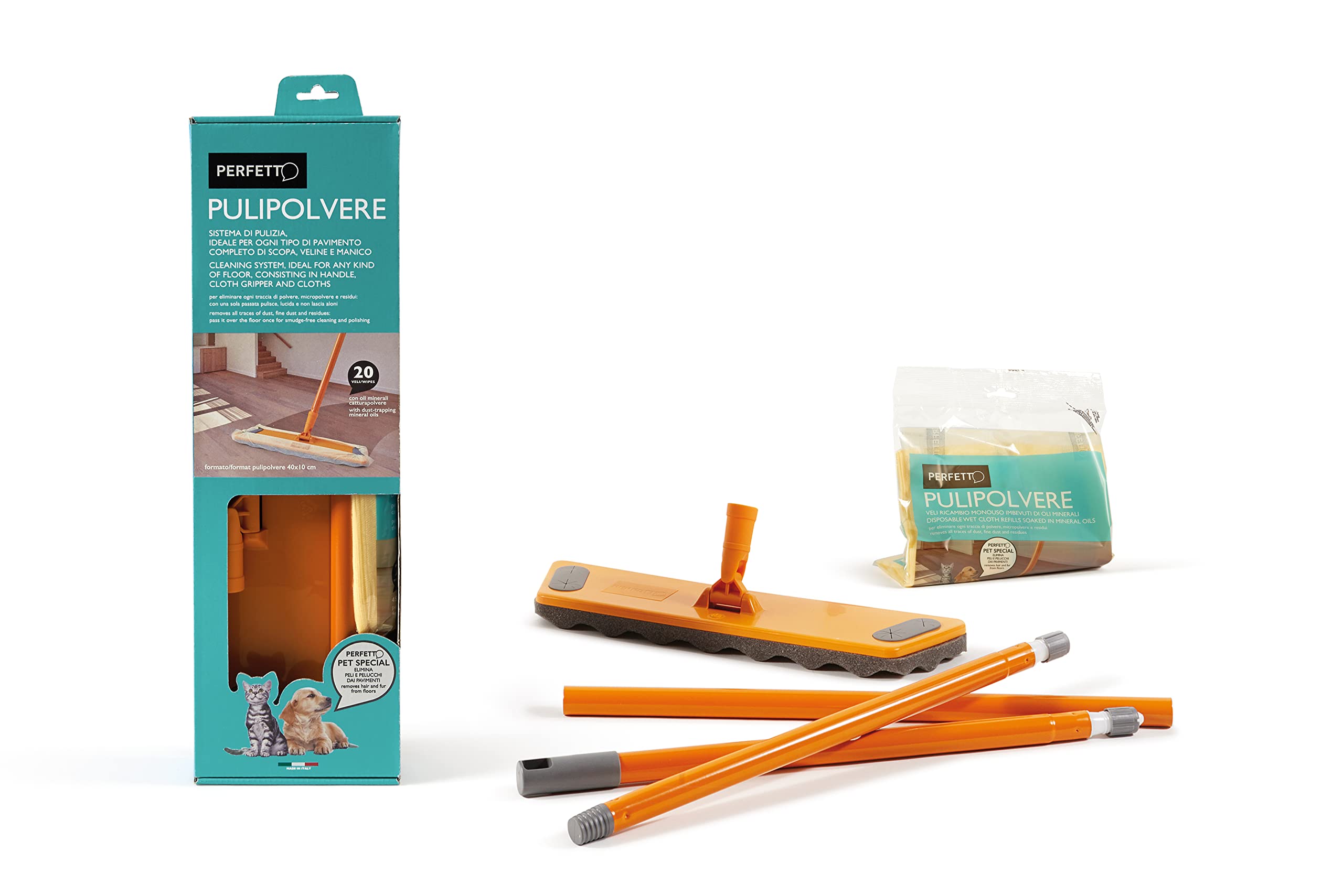 Perfect 0027As The Floor Broom Dust Cleaner with 3-Piece Handle 130cm, Base 40cm, Dust Catcher, with Bag of 20 Nets Soaked in Biodegradable Mineral Oils to Retain Dust