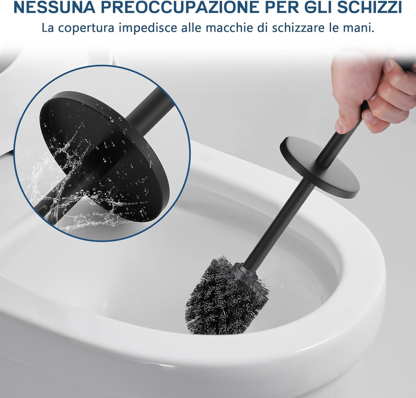Portascopino bagno wc da terra in metallo satinato - Nero con scopino a setole nere antigraffio