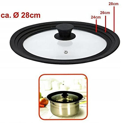 SET 4 PZ. PADELLE ANTIADERENTI CON COPERCHIO UNIVERSALE IN VETRO E SILICONE DIAM. 24/26/28 CM.