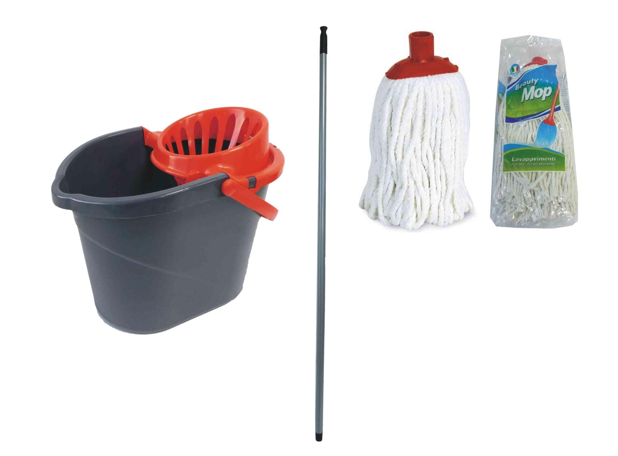 Ensemble complet de nettoyage professionnel comprenant un seau ovale, une serpillière, une serpillière et un manche en Ecoplast.