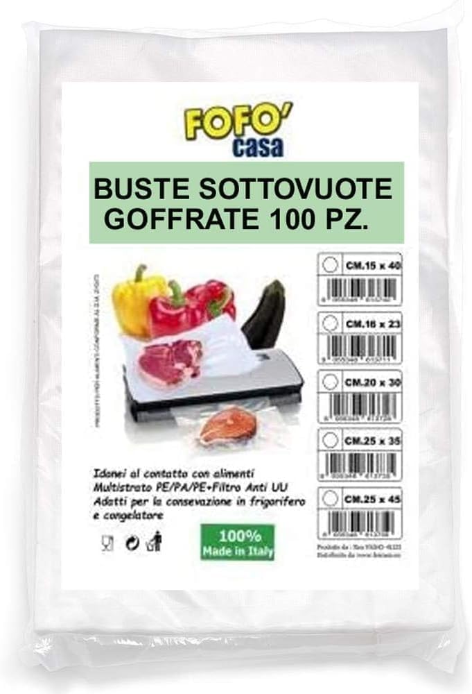 100 Pz. Buste sottovuoto alimenti sacchetti goffrati Riutilizzabili- Per Congelatore, Frigorifero, Scongelamento in Microonde, Bollitura, Cottura Sottovuoto in Forno o A Vapore.