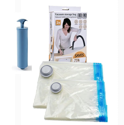 Sacchetti Sottovuoto per Vestiti,Piumomi;Coperte,Cuscini e Biancheria,Set da 2 Pezzi (1 XXL 130X74 cm.+1 L 86X50 cm.) con Pompa Manuale in Omaggio