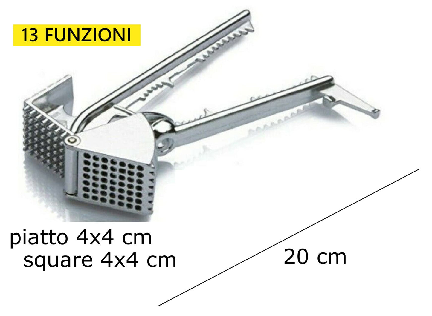 garlic press, meat tenderizer, fish scraper, bottle opener, olive stoner, nutcracker, jar opener, meat grinder, vegetable mincer with spoon, 14 functions, Italian products, CREATIONS i Colori nel Cuore