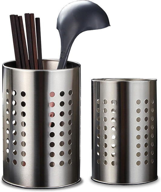 Portaposate in Metallo, Set 2 Pezzi, 16x10 cm e 18x12 cm, Argento Portautensili per Bacchette Coltelli Forchette Forbici