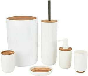 FERCASASHOP 6-Piece Bathroom Accessory Set, White and Natural Bamboo, with Soap Dish, Toothbrush Holder, and Trash Can