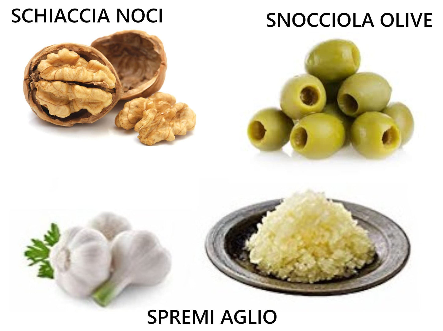 garlic press, meat tenderizer, fish scraper, bottle opener, olive stoner, nutcracker, jar opener, meat grinder, vegetable mincer with spoon, 14 functions, Italian products, CREATIONS i Colori nel Cuore