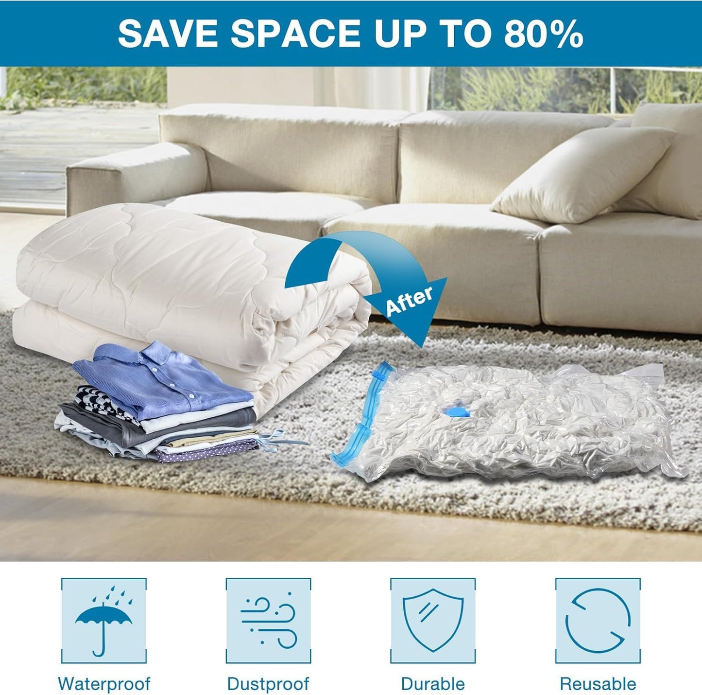 Sacchetti Sottovuoto per Vestiti,Piumomi;Coperte,Cuscini e Biancheria,Set da 2 Pezzi (1 XXL 130X74 cm.+1 L 86X50 cm.) con Pompa Manuale in Omaggio