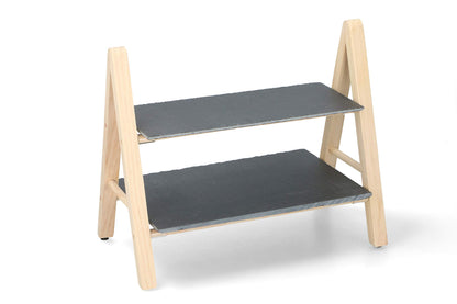 Supporto Portata 2 Piani Ardesia e Legno Alpina 28x18cm - Vassoio Antipasti Snack Dolci