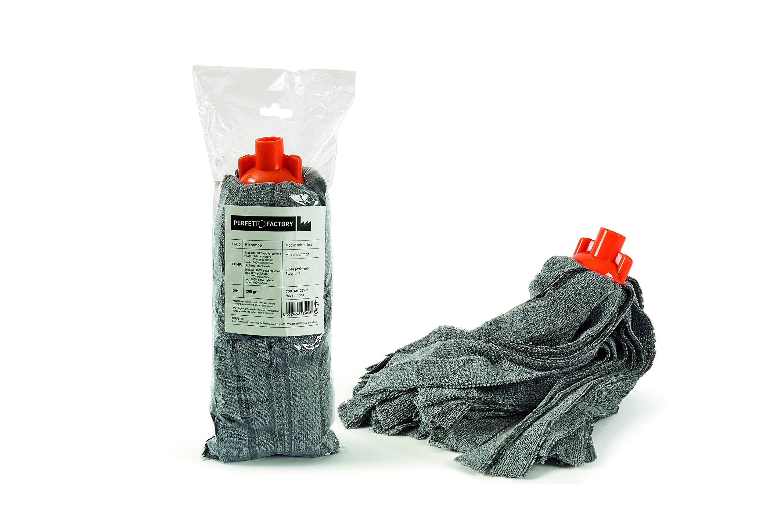 Tête de balai microfibre professionnelle 200 g grise - Fil coupé, lavable à 60° pour sols