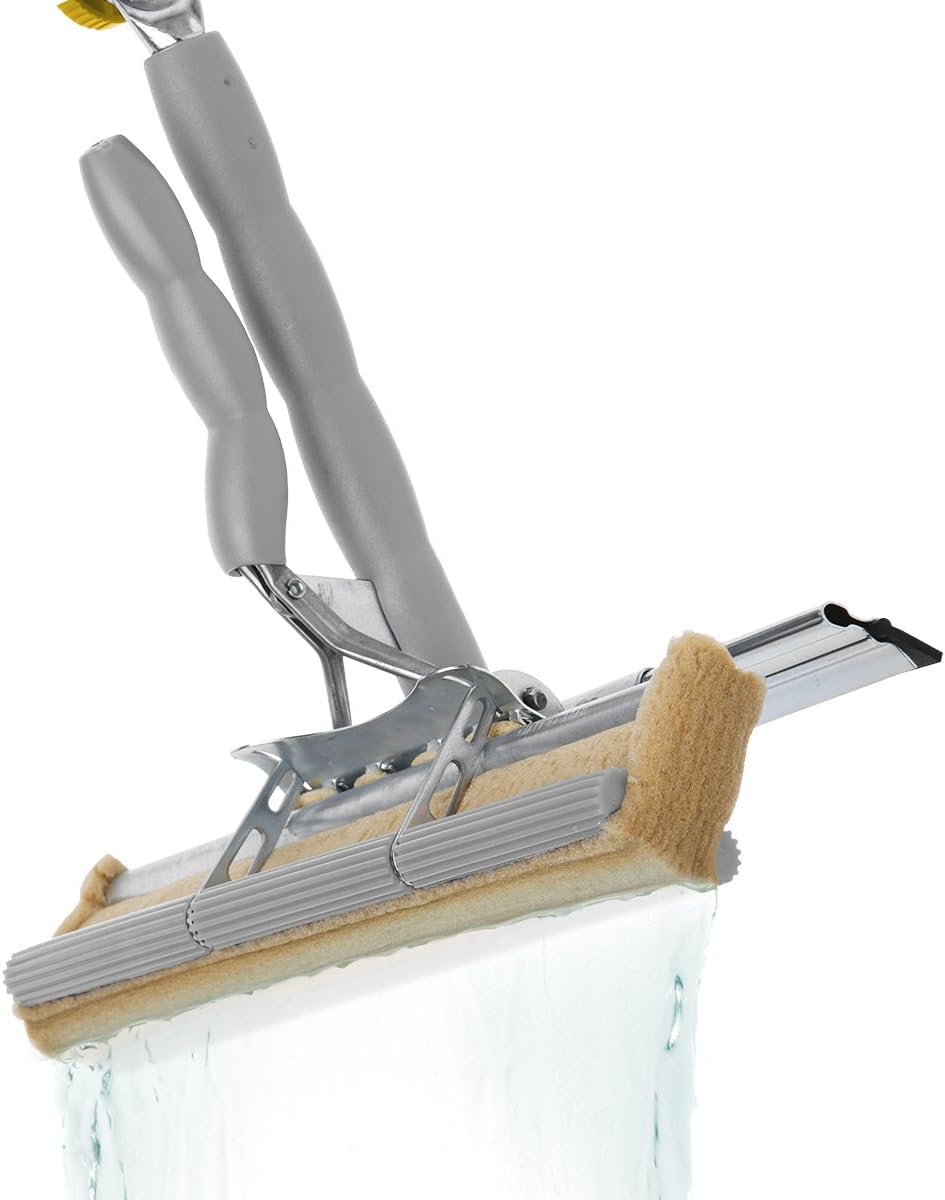 Window cleaner with wringer sponge for washing and rubber for drying, extendable handle 110-174 cm, for professional glass and window cleaning, with movable head.