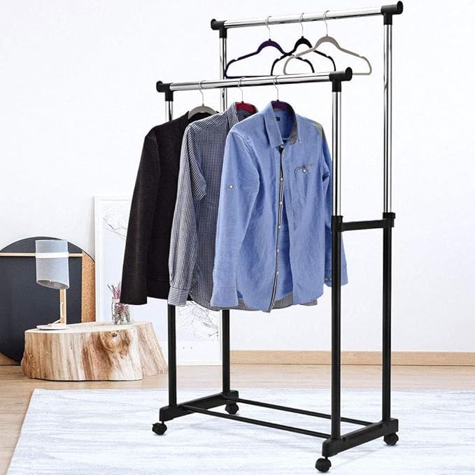 Stand Appendiabiti Allungabile da Terra in Acciaio Telescopico Allungabile con Ruote Attaccapanni 80 X 43 X 90/160 cm (Doppio)