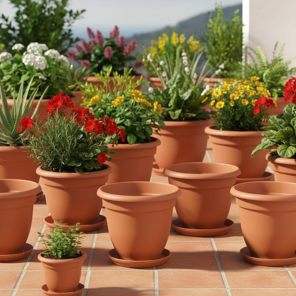 FERCASASHOP Round Plant Pot for Flowers and Plants + Saucer, Terracotta-Colored Plastic, with Drainage Holes, UV Resistant - Outdoor Garden Balcony Terrace, Made in Italy