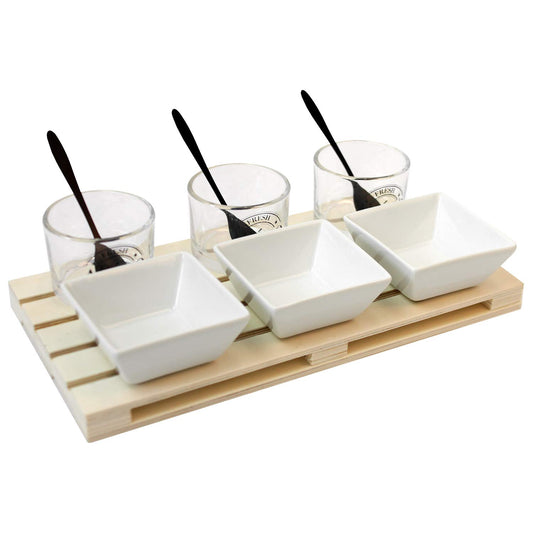 Set di 10 antipasti con vassoio in legno, bicchieri in vetro, ciotole in ceramica e cucchiaio, piatti da portata