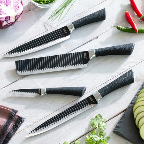 Set di Coltelli Black Shark Swiss Q Namiutsu 4 pezzi, Lame in Acciaio Inossidabile, Rivestimento Ceramico Antiaderente, Manici Ergonomici, Nero, Plastica