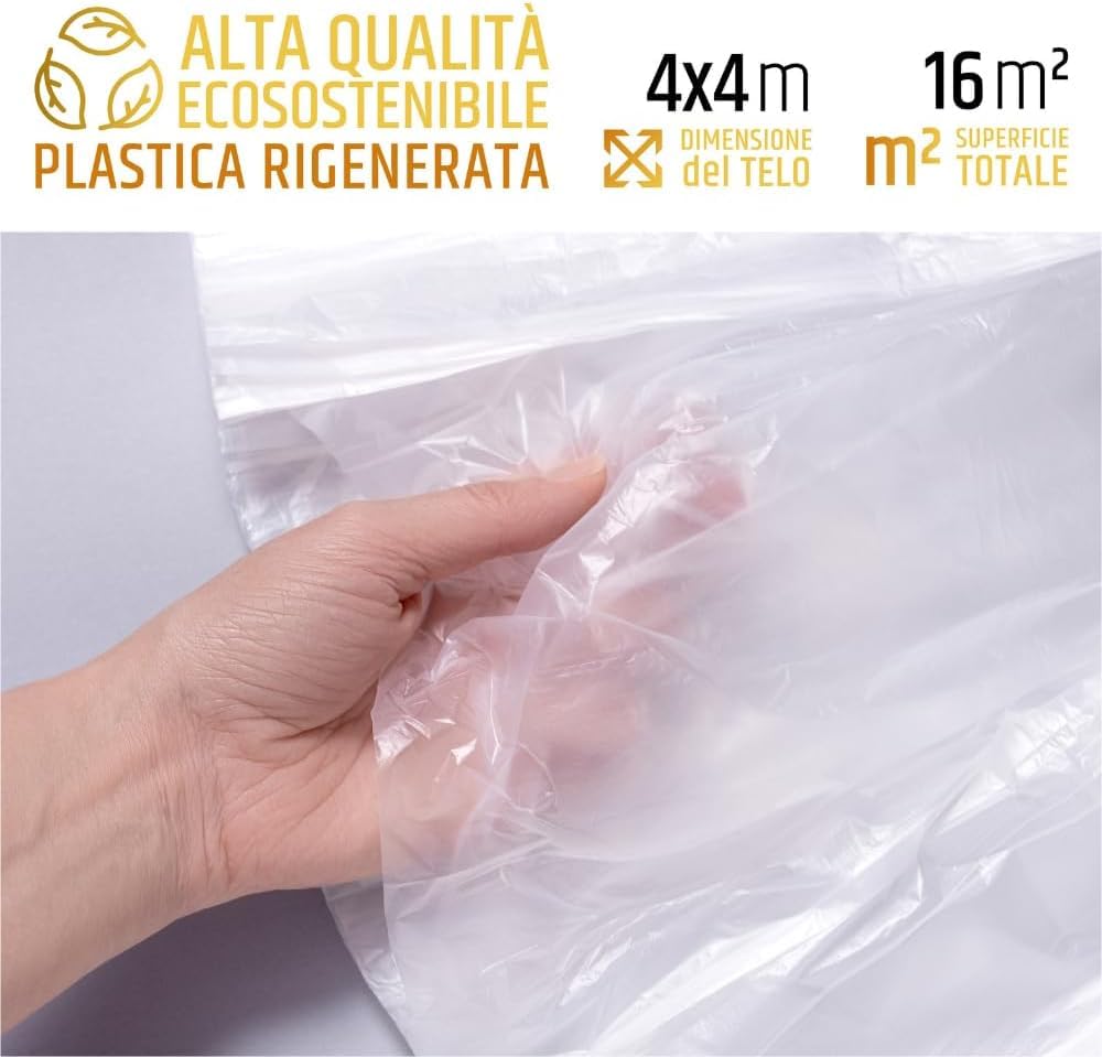 Lot de 6 feuilles de protection en PVC de 200 m² (4 x 4 pieds) et d'une épaisseur de 13 µm, pour peintres et professionnels du bâtiment. Fabriqué en Italie.