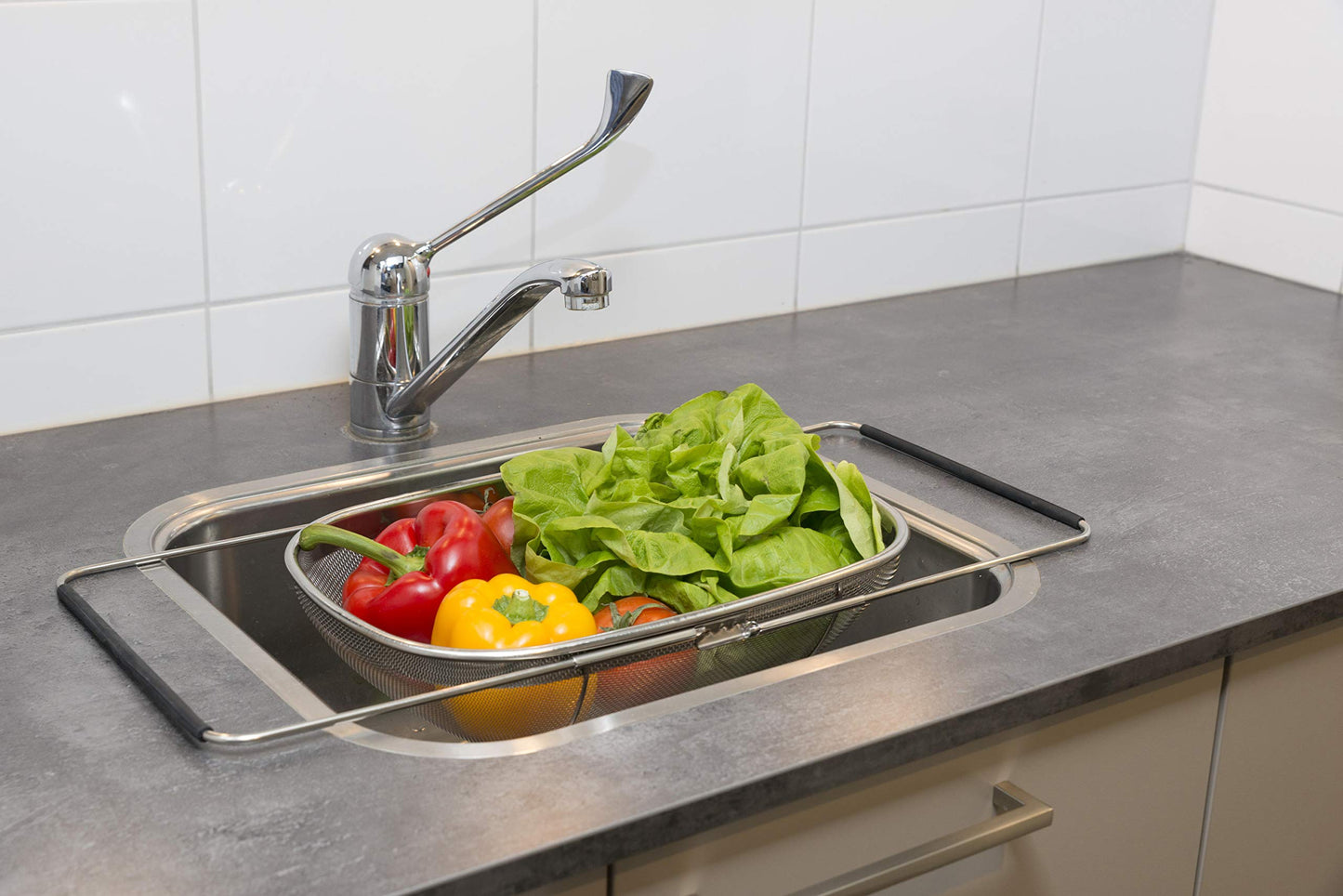 Colino in acciaio inox per lavello, scolapasta estraibile con manici, 33 x 23,5 x 10 cm, filtro per lavello, filtro per la pasta, colore argento