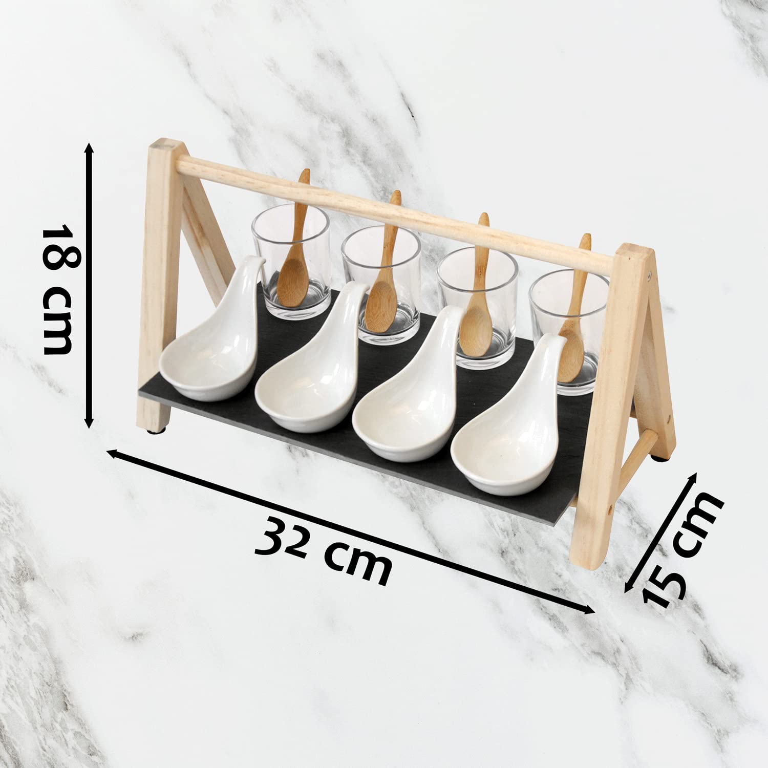 13-piece set, appetizer set with serving stand, glass cups, ceramic bowls and spoon, serving bowls