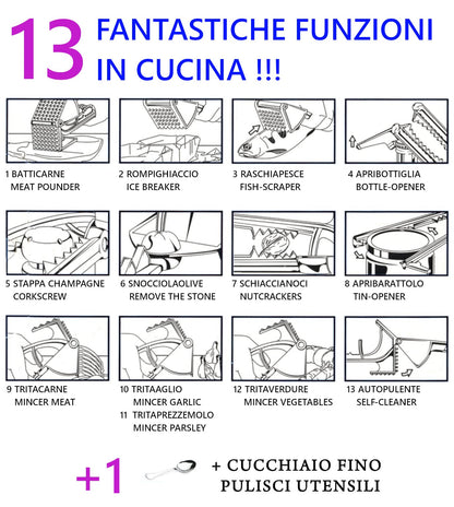 garlic press, meat tenderizer, fish scraper, bottle opener, olive stoner, nutcracker, jar opener, meat grinder, vegetable mincer with spoon, 14 functions, Italian products, CREATIONS i Colori nel Cuore