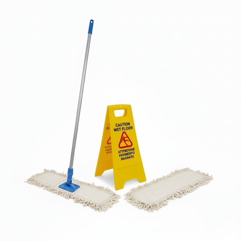 Kit Pulizia Professionale 3 Pezzi - Scopa Cotone Industriale 100cm + Manico Alluminio 140cm + Ricambio + Cartello Wet Floor