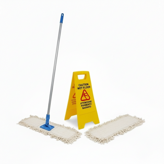 Kit Pulizia Professionale 3 Pezzi - Scopa Cotone Industriale 100cm + Manico Alluminio 140cm + Ricambio + Cartello Wet Floor