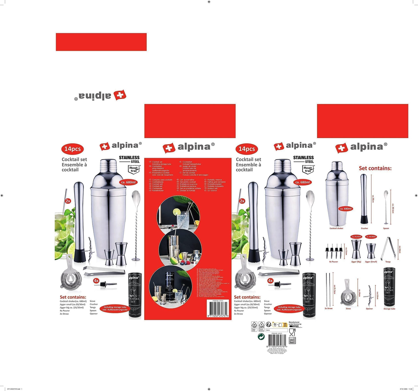 Set da cocktail completo – 14 pezzi – shaker/stamper/jigger/ecc, in acciaio inox