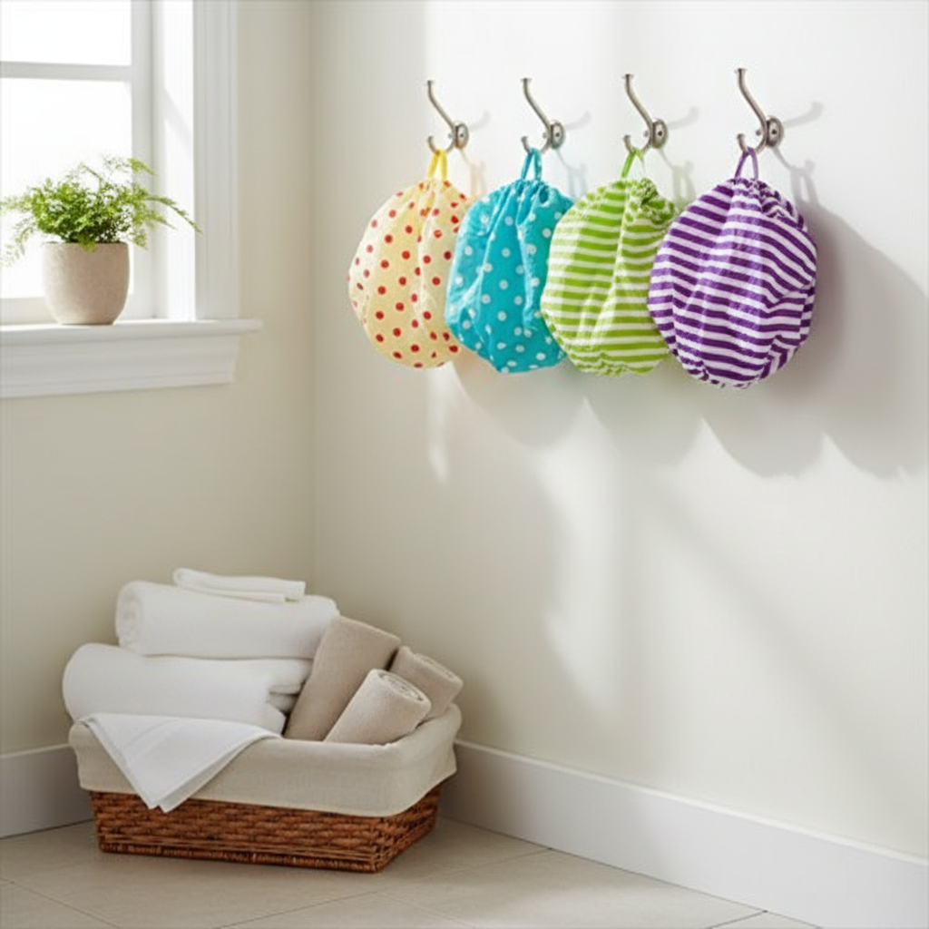 5 cuffie appese su ganci