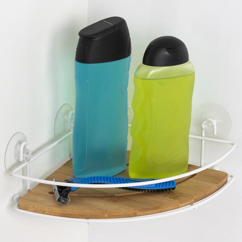 Mensola Angoliera Bagno Ferro Bambù 20x20x8 cm Ventose Senza Fori - Doccia