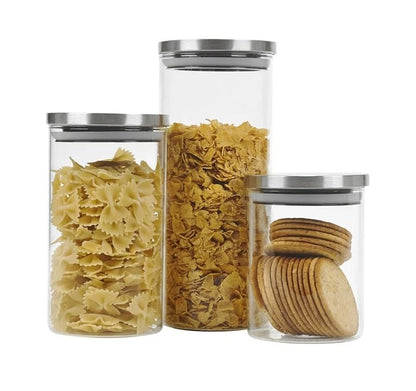Set 3 Barattoli Vetro Ermetici Coperchio Metallo 650ml 950ml 1400ml - Contenitori Cucina