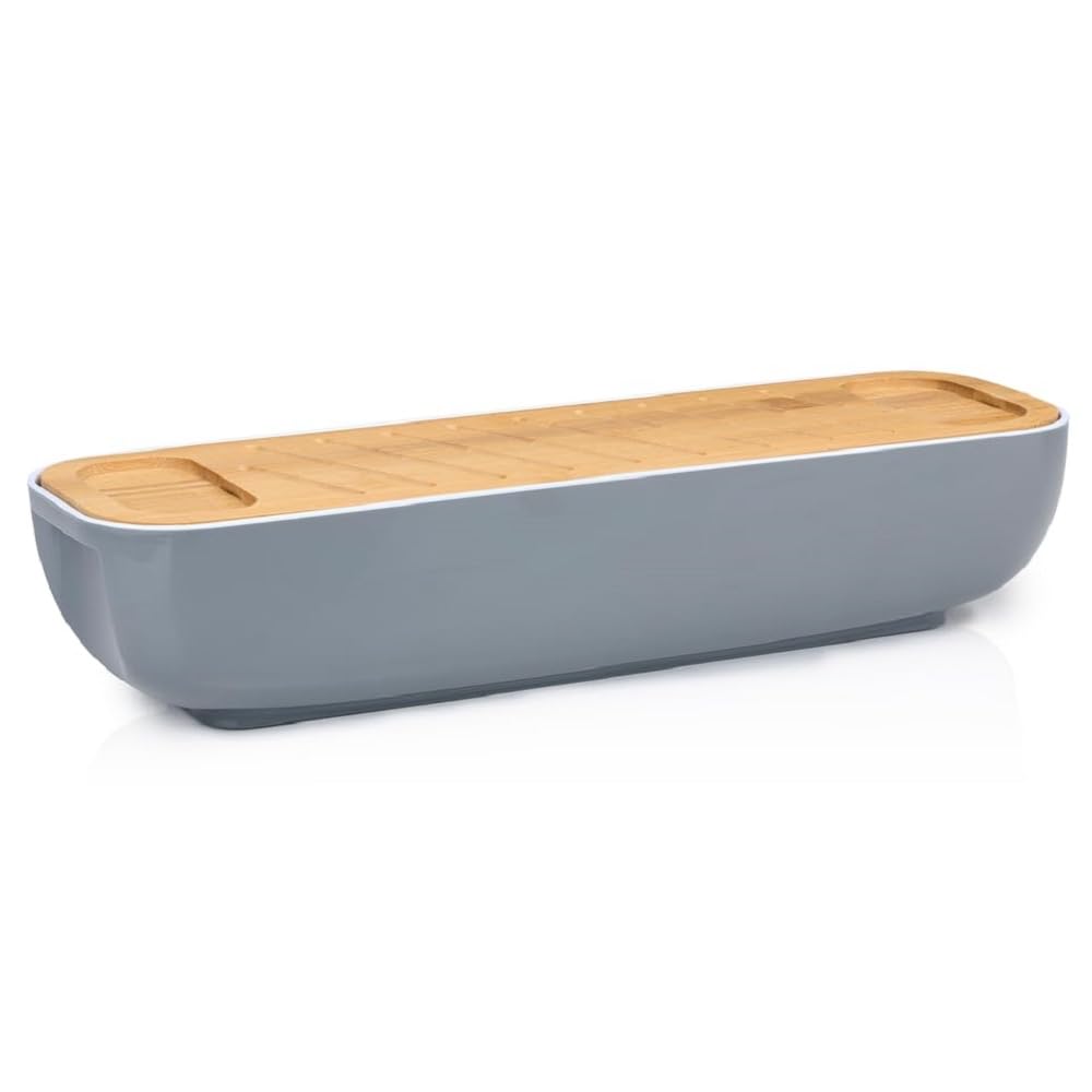 Boîte à pain en bambou avec planche à découper et couvercle 40 x 12,2 x 8,5 cm - Boîte à pain avec poignées, grise