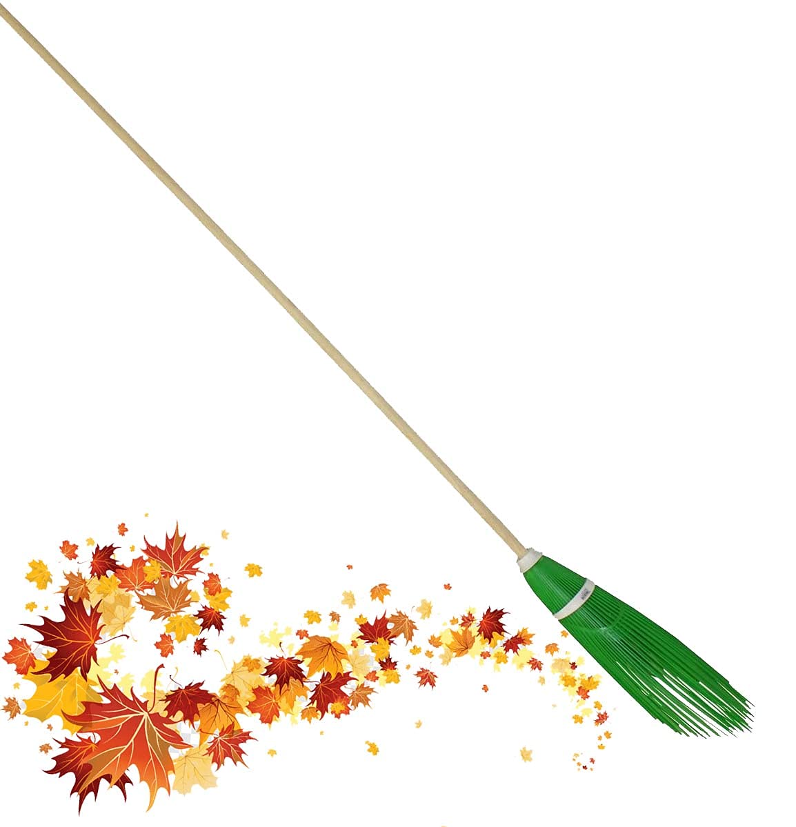 FercasaShop® - Green garden broom in bamboo-style PVC with thick, slanted wires for effective cleaning, for outdoor use, complete with 150 cm wooden handle.