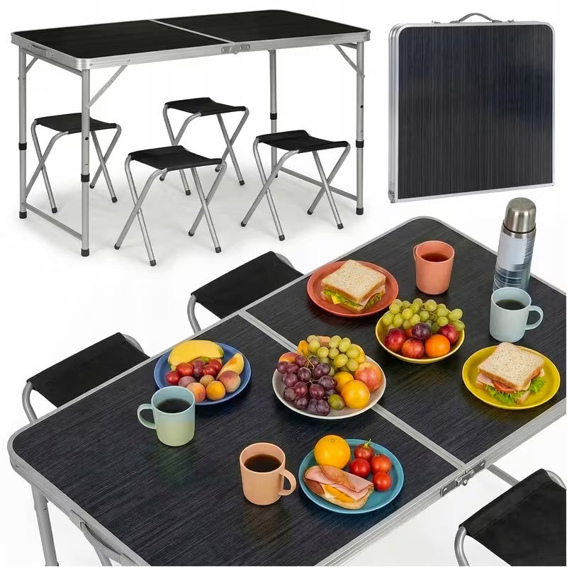 Set Tavolo Pieghevole 5in1 con 4 Sedie | Altezza Regolabile 3 Livelli | Campeggio, Picnic, Giardino | Nero