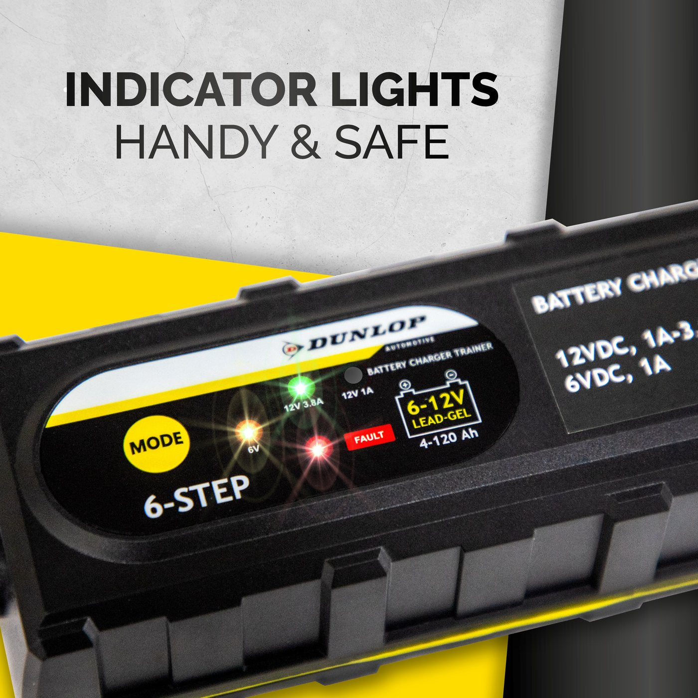 Caricabatterie Intelligente Dunlop 3,8A 6V/12V | 6 Stadi | Batterie Piombo-Acido e Gel 4Ah–120Ah | Auto, Moto, Barca