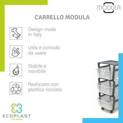 Carrello Salvaspazio Modula con Ruote - 3 Ripiani Estraibili Plastica Riciclata