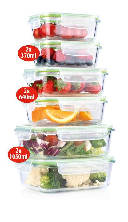 Set 6 Contenitori Salva freschezza in Vetro Borosilicato con Coperchio - 370ml, 640ml, 1050ml