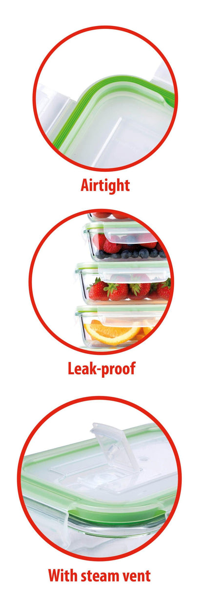 Set 4 Contenitori Salvafreschezza in Vetro Borosilicato con Coperchio - 370ml, 640ml, 1050ml, 1520ml