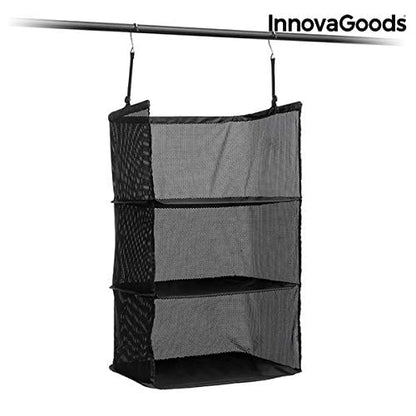 Scaffale pieghevole organizer per valigie, organizza i tuoi bagagli in modo comodo ed efficiente, con 3 scaffali, colore nero, materiale in poliestere, ideale per i viaggi.