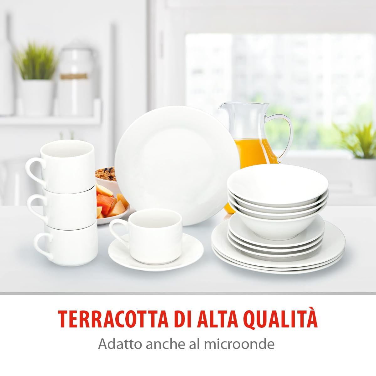 Set Piatti Colazione 4 Persone Terracotta Bianco - 16 Pezzi Lavastoviglie