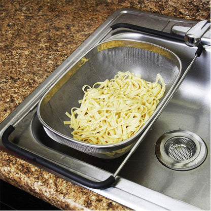 Cestello Scolapasta Estensibile per Lavello Cucina Colpasta Lava Verdure Frutta in Acciaio Inox con Manici Allungabili Fino a 55cm Accessori Cucina