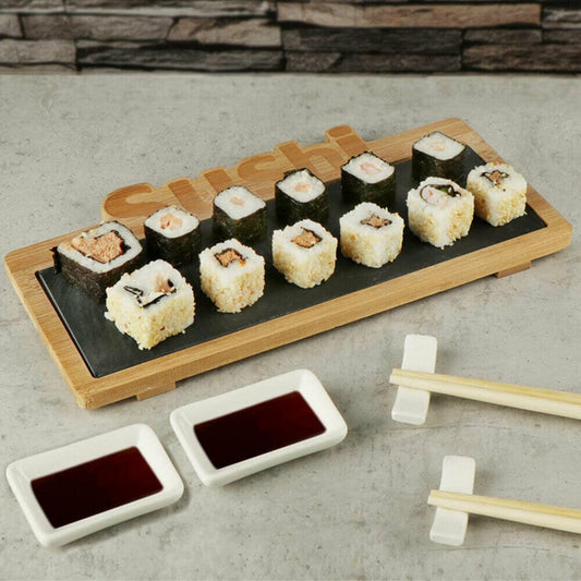Set Sushi Giapponese 7 Pezzi per 2 Persone - Bacchette Legno Vassoio Ardesia 30x16cm Ciotole Ceramica