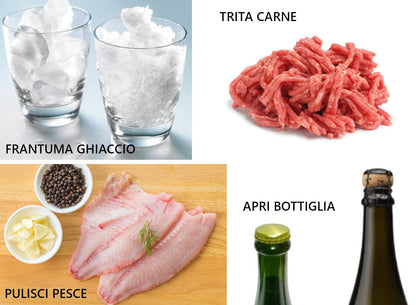 garlic press, meat tenderizer, fish scraper, bottle opener, olive stoner, nutcracker, jar opener, meat grinder, vegetable mincer with spoon, 14 functions, Italian products, CREATIONS i Colori nel Cuore